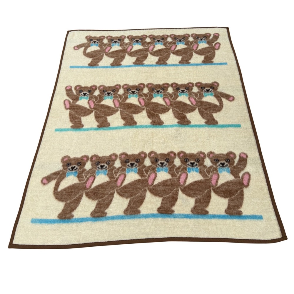 Biederlack Blanket Large Brown Dancing Teddy Bears Reversible Throw Vintage USA
